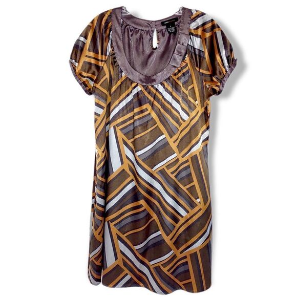 BCBG‎ Maxazria Brown Dress SS Satin White Gold Geometric Pattern L - Picture 1 of 8